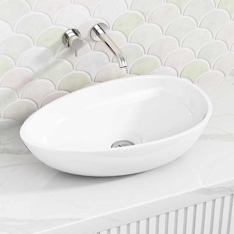 Fienza 600x357x160mm Livo Matt White Oval Cast Stone Above Counter Basin