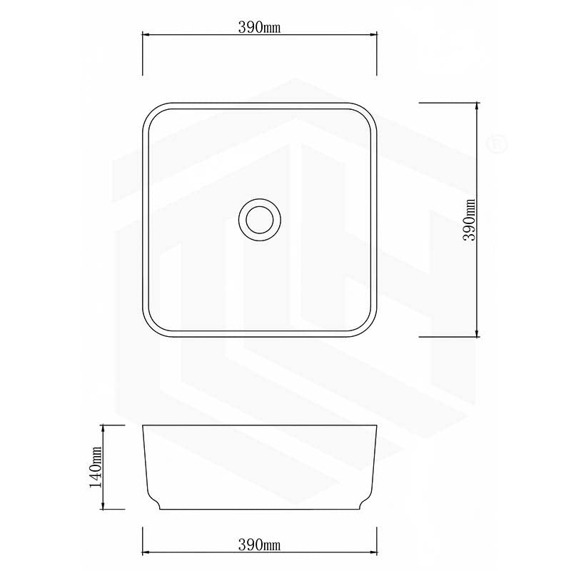 390x390x140mm Square Porcelain Above Counter Basin