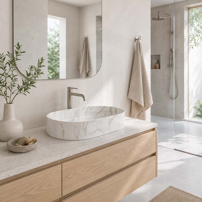 500x340x120mm Bathroom Oval Above Counter Wash Basin Matt Carrara Finish Ceramic