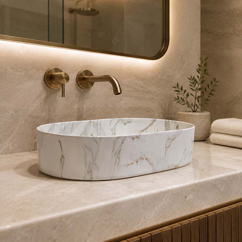 500x340x120mm Bathroom Oval Above Counter Wash Basin Matt Carrara Finish Ceramic
