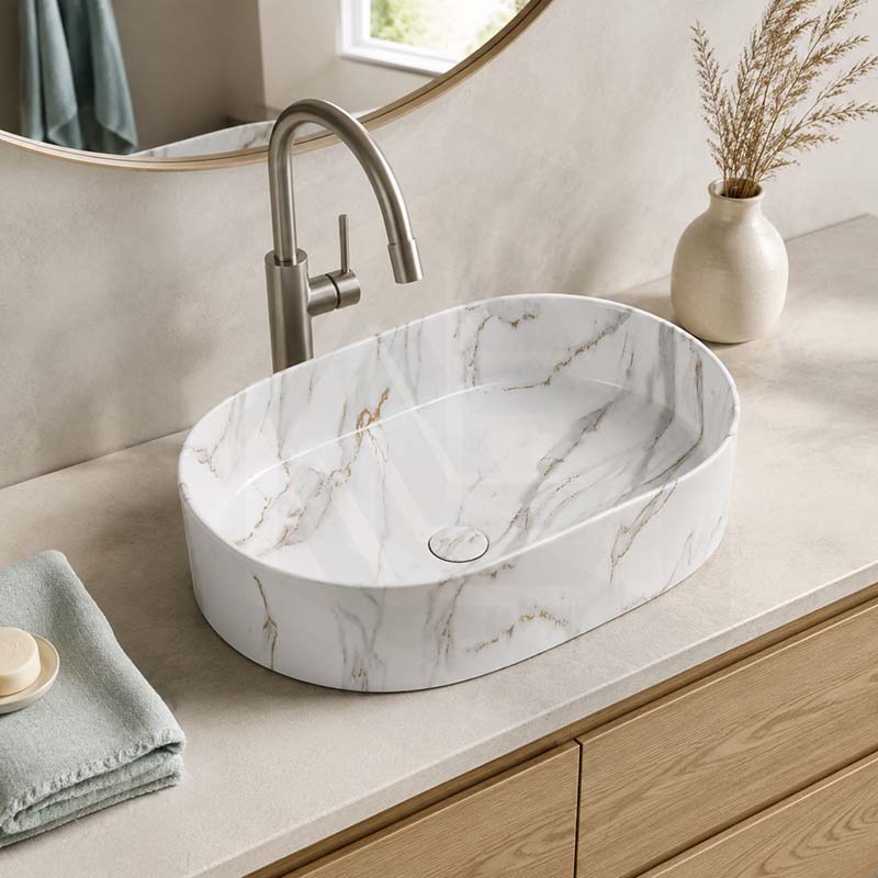500x340x120mm Bathroom Oval Above Counter Wash Basin Matt Carrara Finish Ceramic