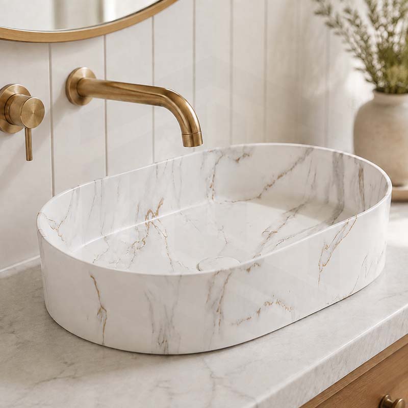 500x340x120mm Bathroom Oval Above Counter Wash Basin Matt Carrara Finish Ceramic
