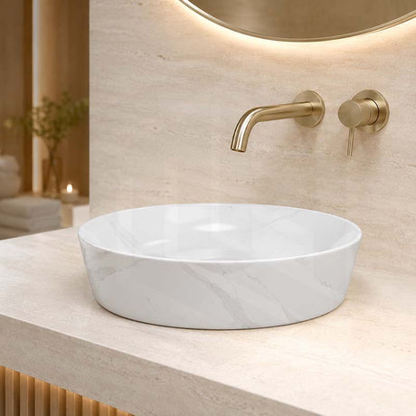 415x415x130mm Round Gloss Marble Carrara Surface Bathroom Above Counter Wash Basin