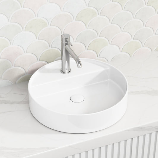 450x450x105mm Above Counter Basin Gloss White Bathroom Round Ceramic Wash Basin With Tap Hole