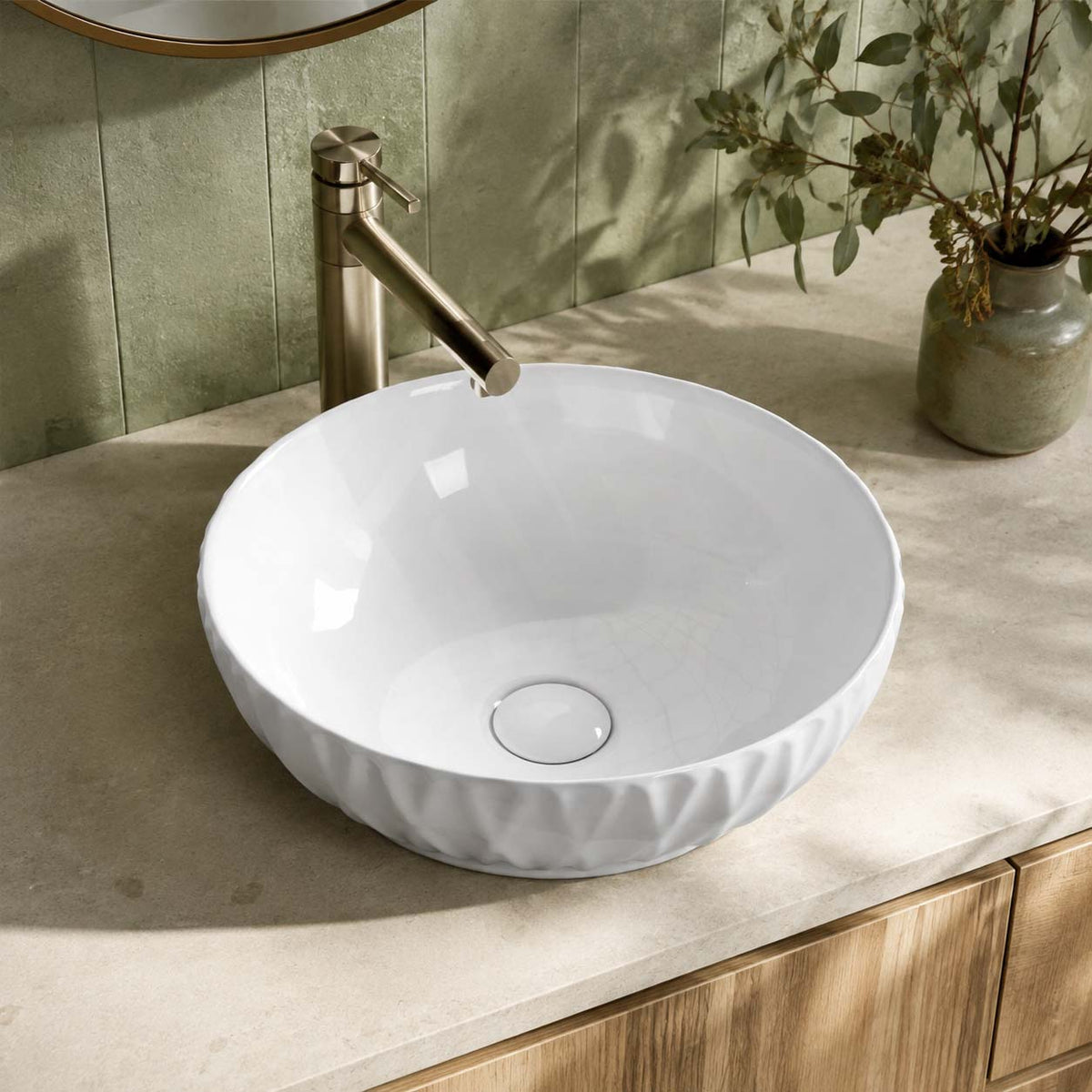 400x400x130mm Above Counter Basin Diagonal Pattern Bathroom Round Ceramic Wash Basin In Various Colour