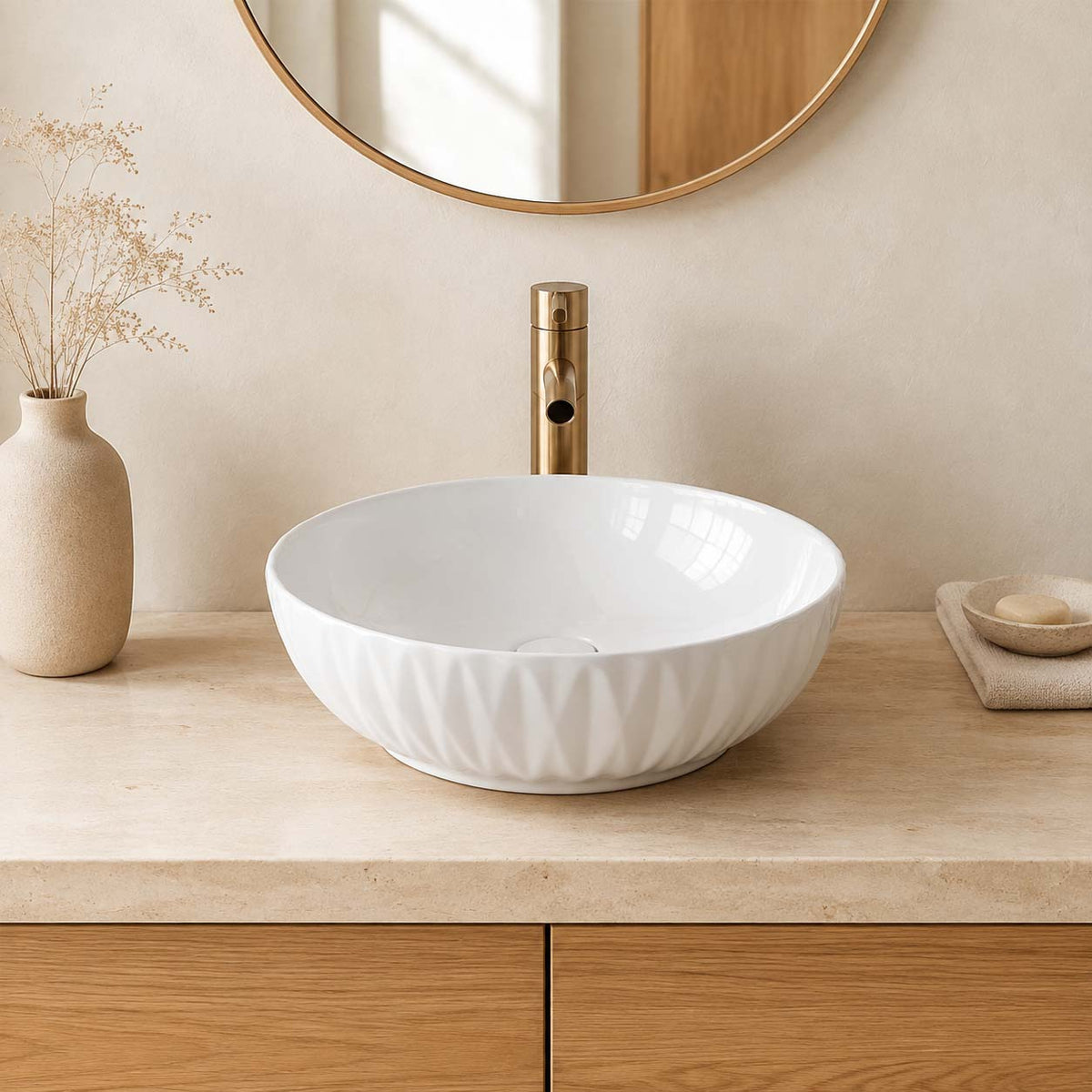 400x400x130mm Above Counter Basin Diagonal Pattern Bathroom Round Ceramic Wash Basin In Various Colour