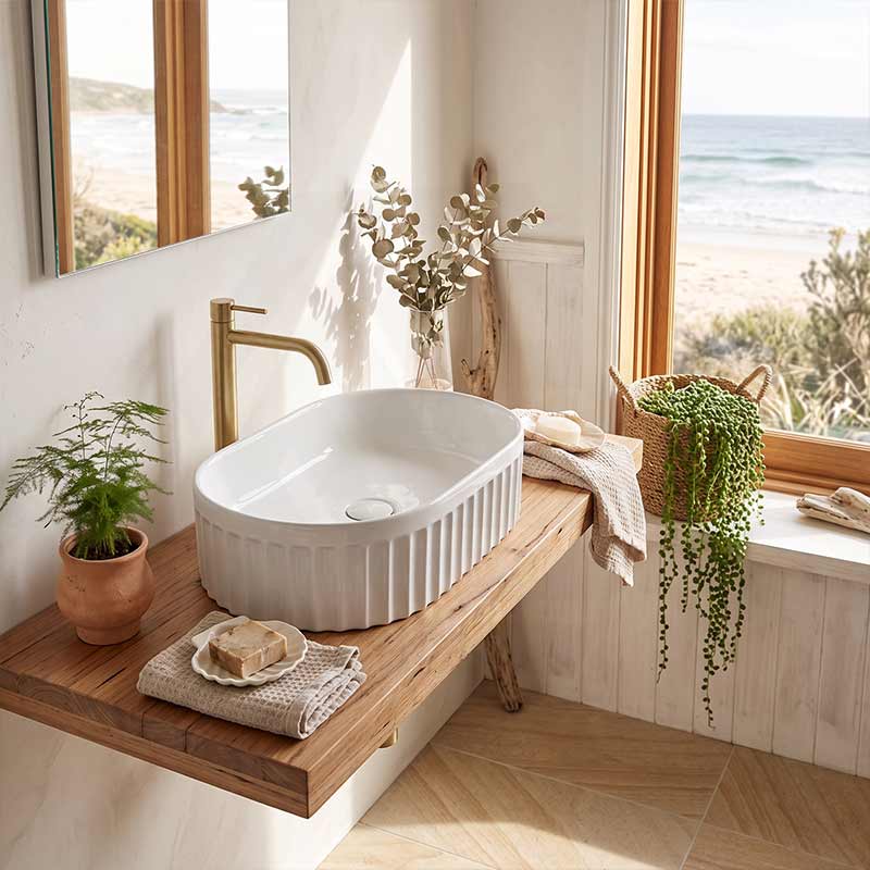 Infinity Oval Fluted Ceramic Above Counter Basin 555x355x150mm - Variant Colour