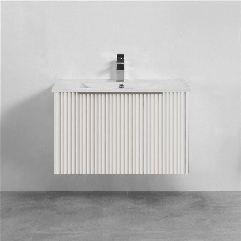 750mm THENA Wall Hung Plywood Vanity Matt White Linear Surface Single Bowl Cabinet ONLY for Bathroom