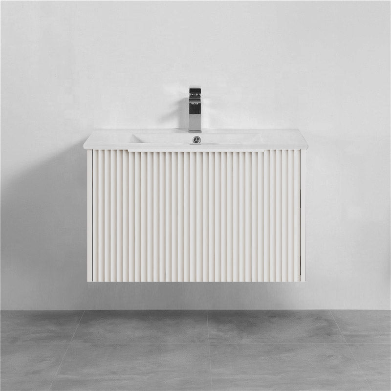 750mm THENA Wall Hung Plywood Vanity Matt White Linear Surface Single Bowl Cabinet ONLY for Bathroom