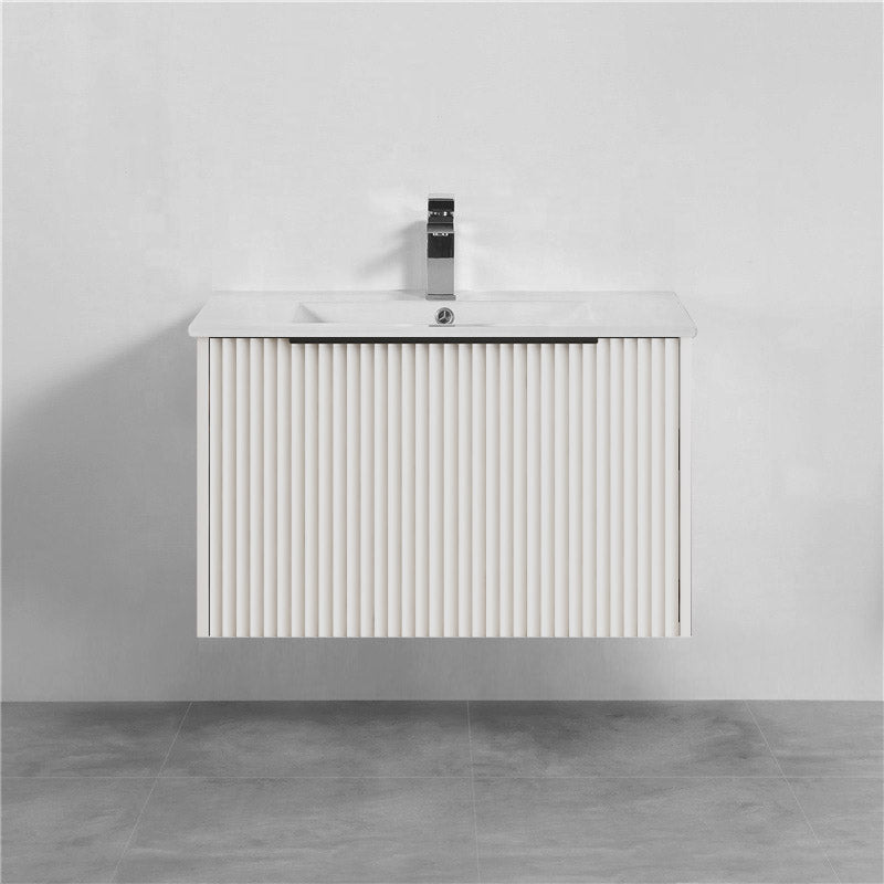 750mm THENA Wall Hung Plywood Vanity Matt White Linear Surface Single Bowl Cabinet ONLY for Bathroom
