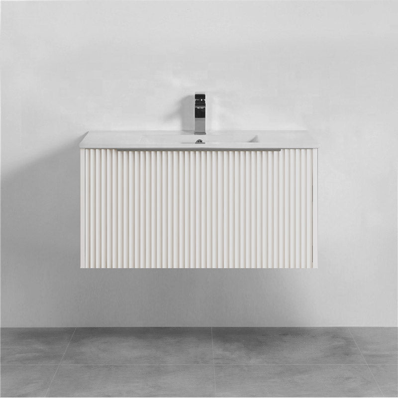 900mm THENA Wall Hung Plywood Vanity Matt White Linear Surface Single Bowl Cabinet ONLY for Bathroom
