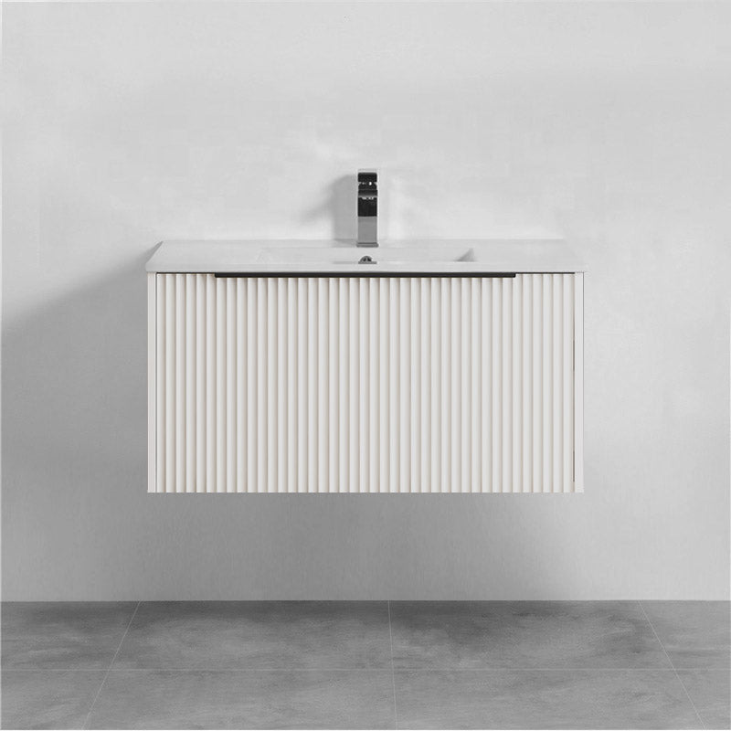 900mm THENA Wall Hung Plywood Vanity Matt White Linear Surface Single Bowl Cabinet ONLY for Bathroom