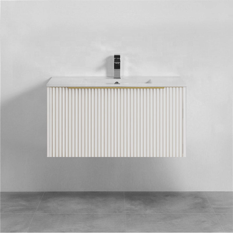 900mm THENA Wall Hung Plywood Vanity Matt White Linear Surface Single Bowl Cabinet ONLY for Bathroom
