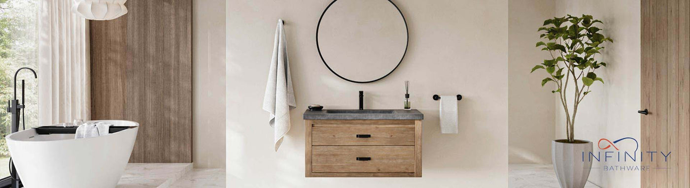 Bright minimalist bathroom with Infinity freestanding tub and vanity