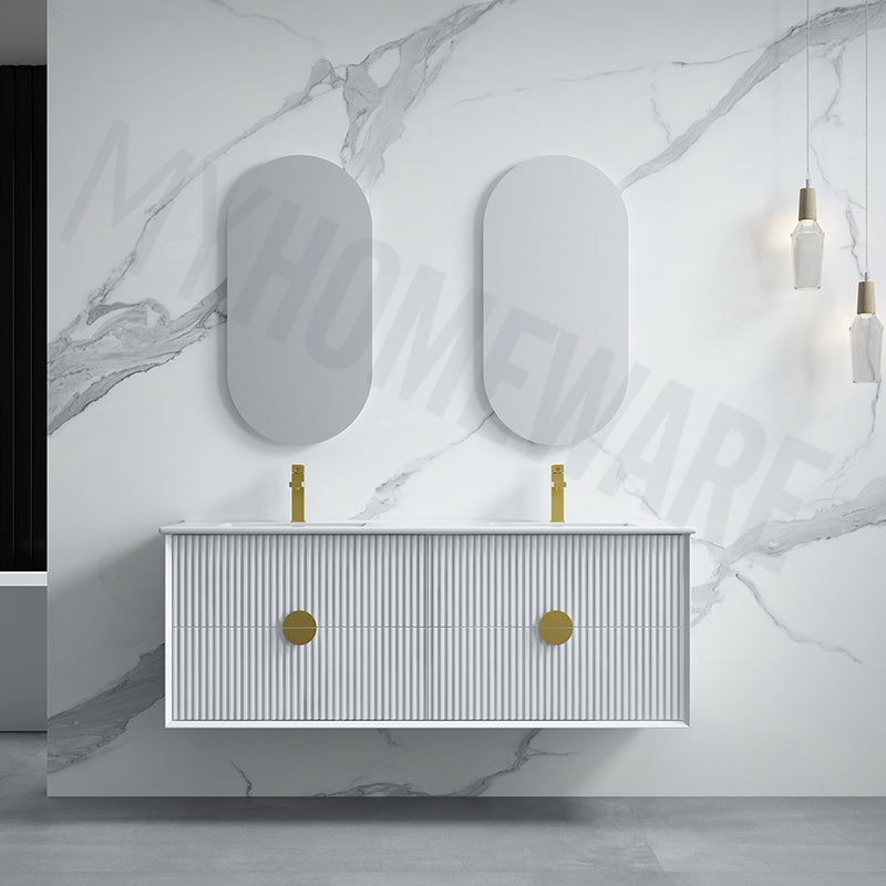 1200mm Kingo Wall Hung Plywood Vanity Matt White/Black Linear Surface Finish Single/Double Bowls Cabinet ONLY for Bathroom