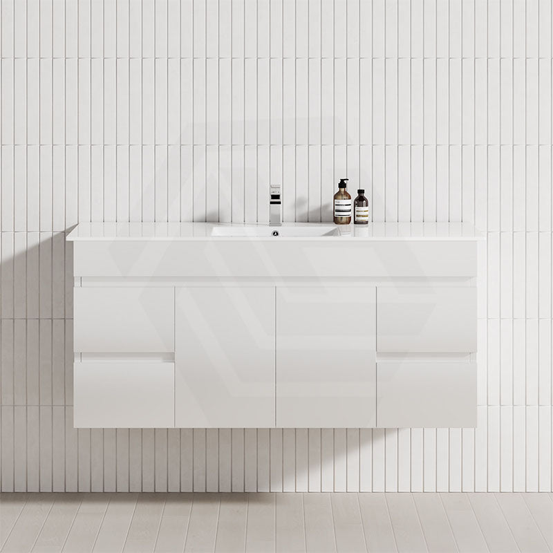 Modern bathroom featuring a gloss white floating vanity cabinet
