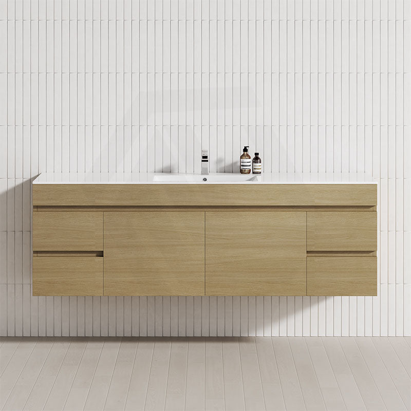 Modern bathroom featuring a 1800mm floating vanity in Tuross Oak against a clean white wall