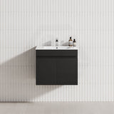A matt black floating vanity with a single bowl sink above it