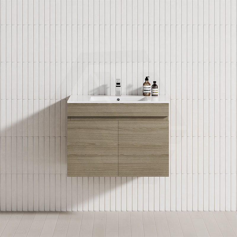 A 750mm wall-hung bathroom vanity in Maison Oak