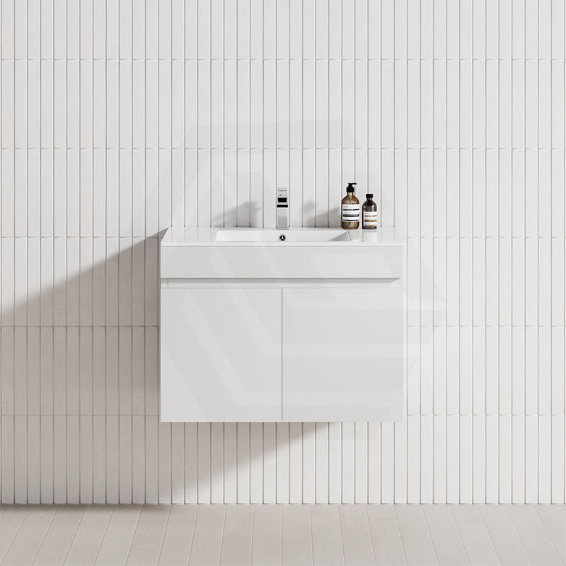 A wall-hung matt white bathroom vanity with a single bowl sink, showcasing a modern floating design