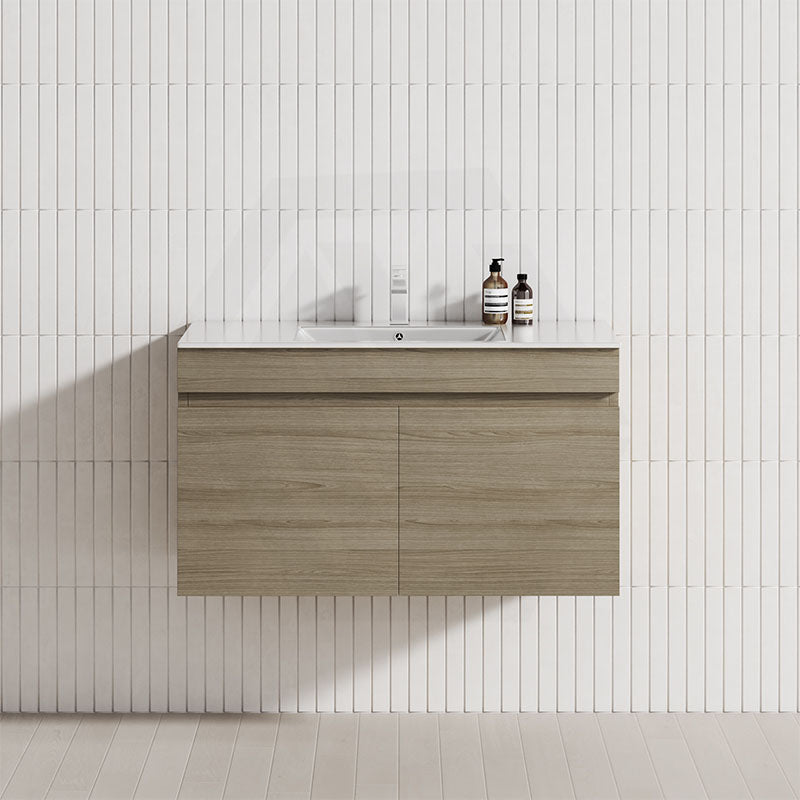 Wall-hung Maison Oak 900mm bathroom vanity against a white tiled wall