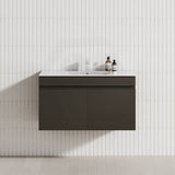 Modern bathroom vanity, designed as a floating unit with two doors in Truffle Lini finish