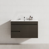 A wall-hung vanity in Truffle Lini finish, complete with single bowl