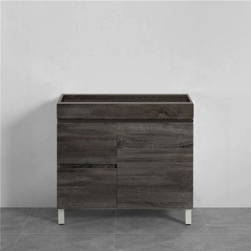 600-1500mm Berge Freestanding Vanity with Legs Dark Grey Wood Grain PVC Filmed Cabinet ONLY & Ceramic / Poly Top Available