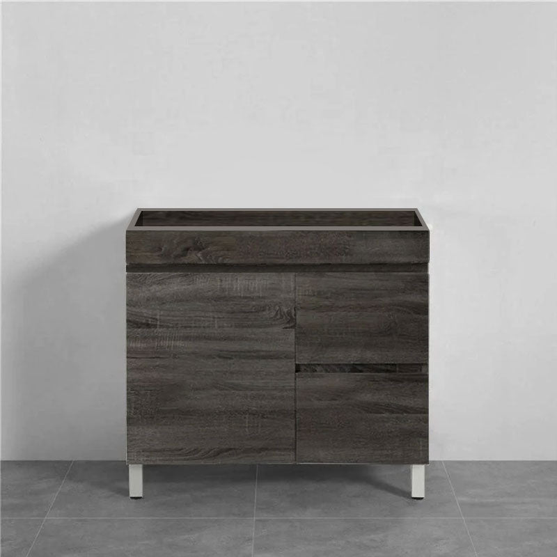600-1500mm Berge Freestanding Vanity with Legs Dark Grey Wood Grain PVC Filmed Cabinet ONLY & Ceramic / Poly Top Available