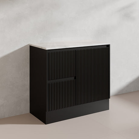 900mm Ceto Brighton Freestanding Vanity PVC Board Matt Black/White Linear Surface