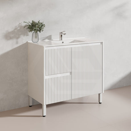 900mm Ceto Brighton Freestanding Vanity PVC Board Matt Black/White Linear Surface