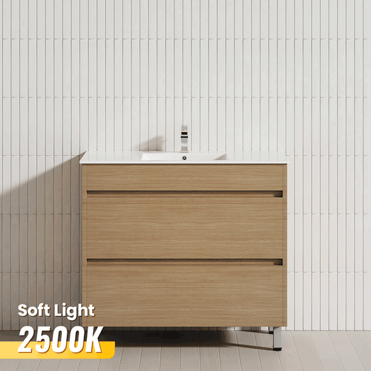 600-1500mm Freestanding Bathroom Floor Vanity White Oak Wood Grain PVC Filmed Cabinet ONLY & Ceramic/Poly Top Available
