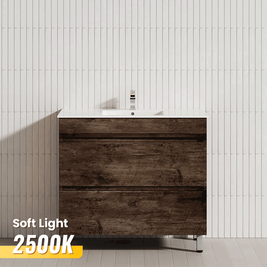 600-1500mm Freestanding Bathroom Floor Vanity Dark Oak Wood Grain PVC Filmed Cabinet ONLY & Ceramic/Poly Top Available