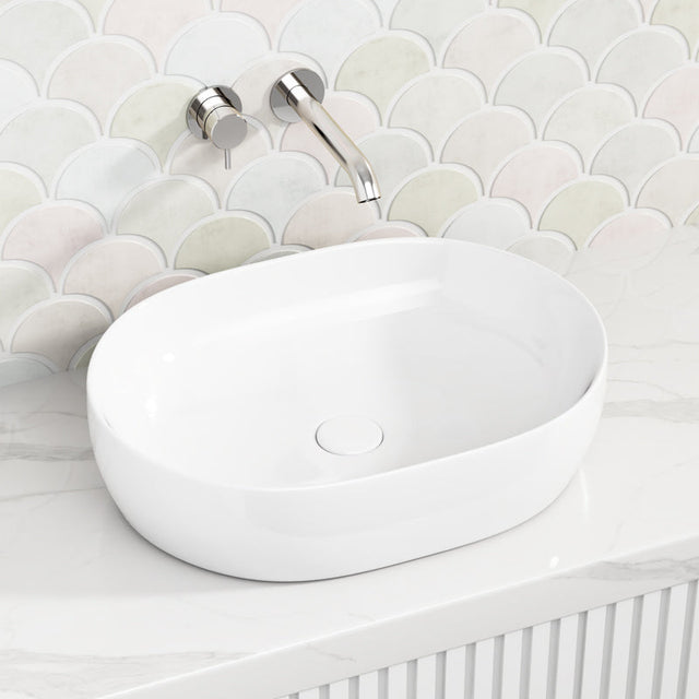 490X355X130Mm Oval Above Counter Ultra Slim Gloss White Fine Ceramic Art Basin Basins