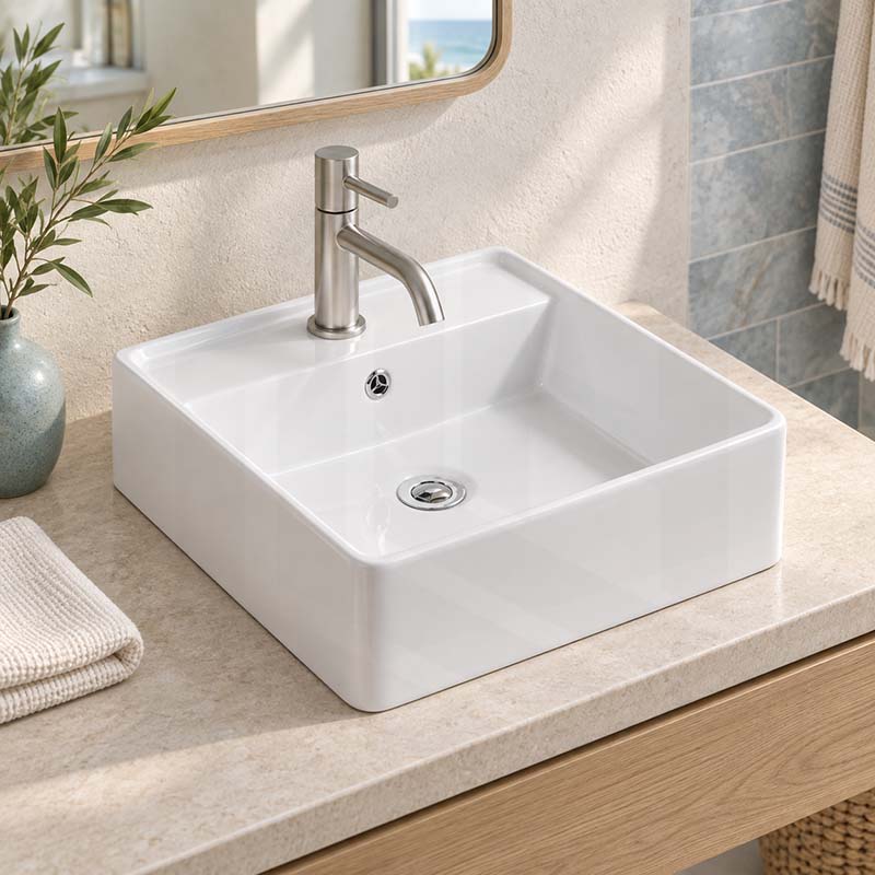 410x410x150mm Above Counter/Wall-hung Square White Ceramic Basin One Tap Hole