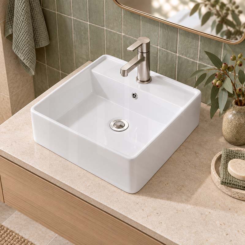 410x410x150mm Above Counter/Wall-hung Square White Ceramic Basin One Tap Hole