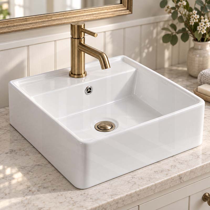 410x410x150mm Above Counter/Wall-hung Square White Ceramic Basin One Tap Hole