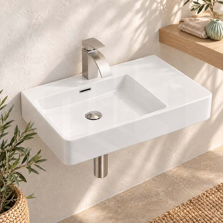 600x420x120mm Wall-hung Rectangle White Ceramic Basin Left / Right Hand Bowl One Tap Hole