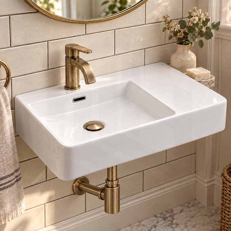 600x420x120mm Wall-hung Rectangle White Ceramic Basin Left / Right Hand Bowl One Tap Hole