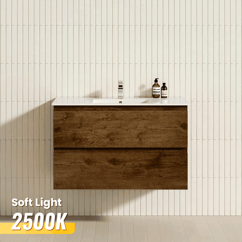 Poseidon 600-1500mm Dark Oak Wood Grain PVC Filmed Wall Hung Bathroom Vanity with/without Ceramic/Poly Top