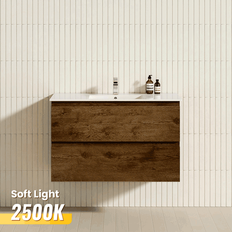 Poseidon 600-1500mm Dark Oak Wood Grain PVC Filmed Wall Hung Bathroom Vanity with/without Ceramic/Poly Top