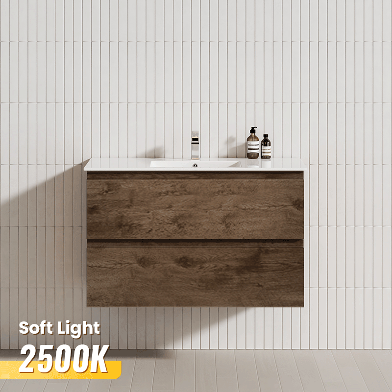 600-1500mm Wall Hung Bathroom Floating Vanity Dark Oak Wood Grain PVC Filmed Drawers Cabinet ONLY&Ceramic/Poly Top Available