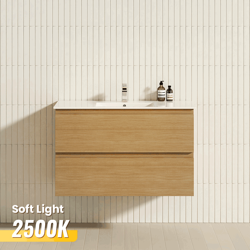600-1500mm Wall Hung Bathroom Floating Vanity White Oak Wood Grain PVC Filmed Drawers