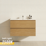 600-1500mm Wall Hung Bathroom Floating Vanity White Oak Wood Grain PVC Filmed Drawers