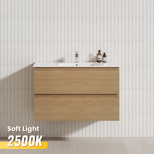 600-1500mm Wall Hung Bathroom Floating Vanity White Oak Wood Grain PVC Filmed Drawers Cabinet ONLY&Ceramic/Poly Top Available