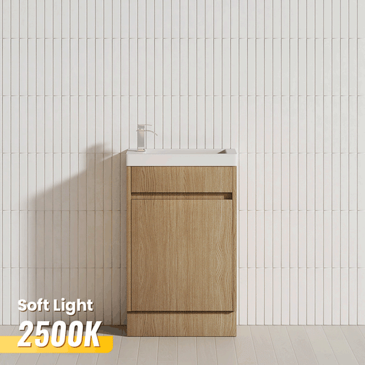 500x250x940mm Mini Bathroom Vanity White Oak Wood Grain Cabinet Ceramic Top Kickboard Freestanding PVC Filmed