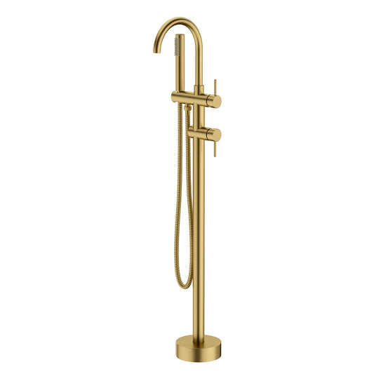 G#1(Gold) Round Brushed Gold Floor Mounted Bath Mixer Handheld Solid Brass