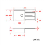1000X500X200Mm Chroma Quartz Granite Single Bowl Sink With Drain Board For Top/Under Mount 