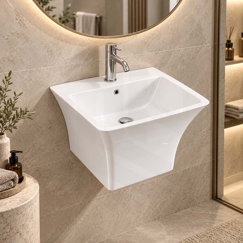 530x440x360mm Zento Bathroom Square Wall Hung Gloss White Ceramic Basin with Tap Hole