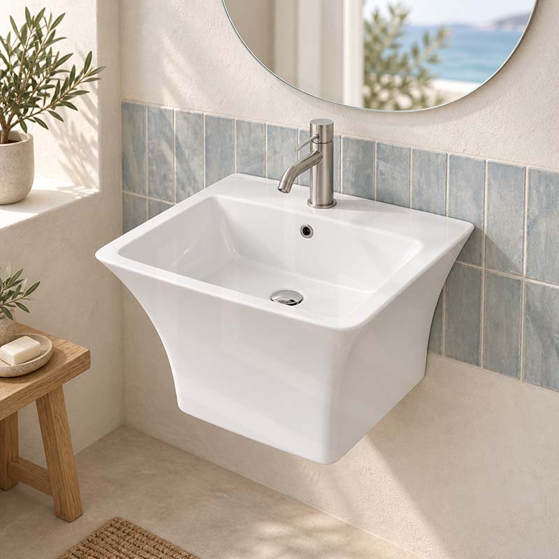 530x440x360mm Zento Bathroom Square Wall Hung Gloss White Ceramic Basin with Tap Hole